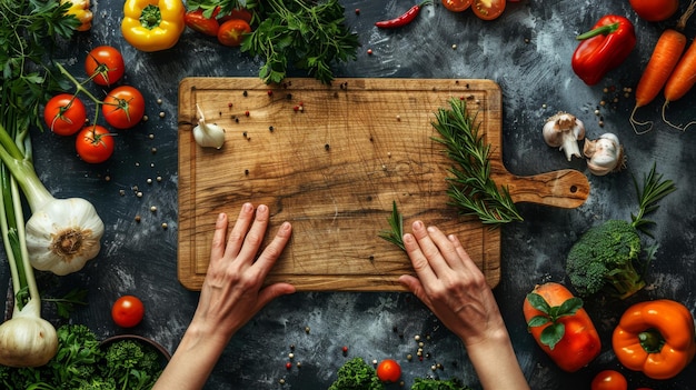 hands preparing a rustic vegetable dish on wooden board